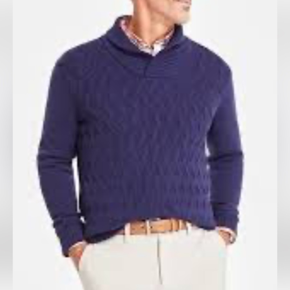 Club Room Men's Navy Blue Chunky Shawl Collar Cable knit Sweater, Size L (NWT)
